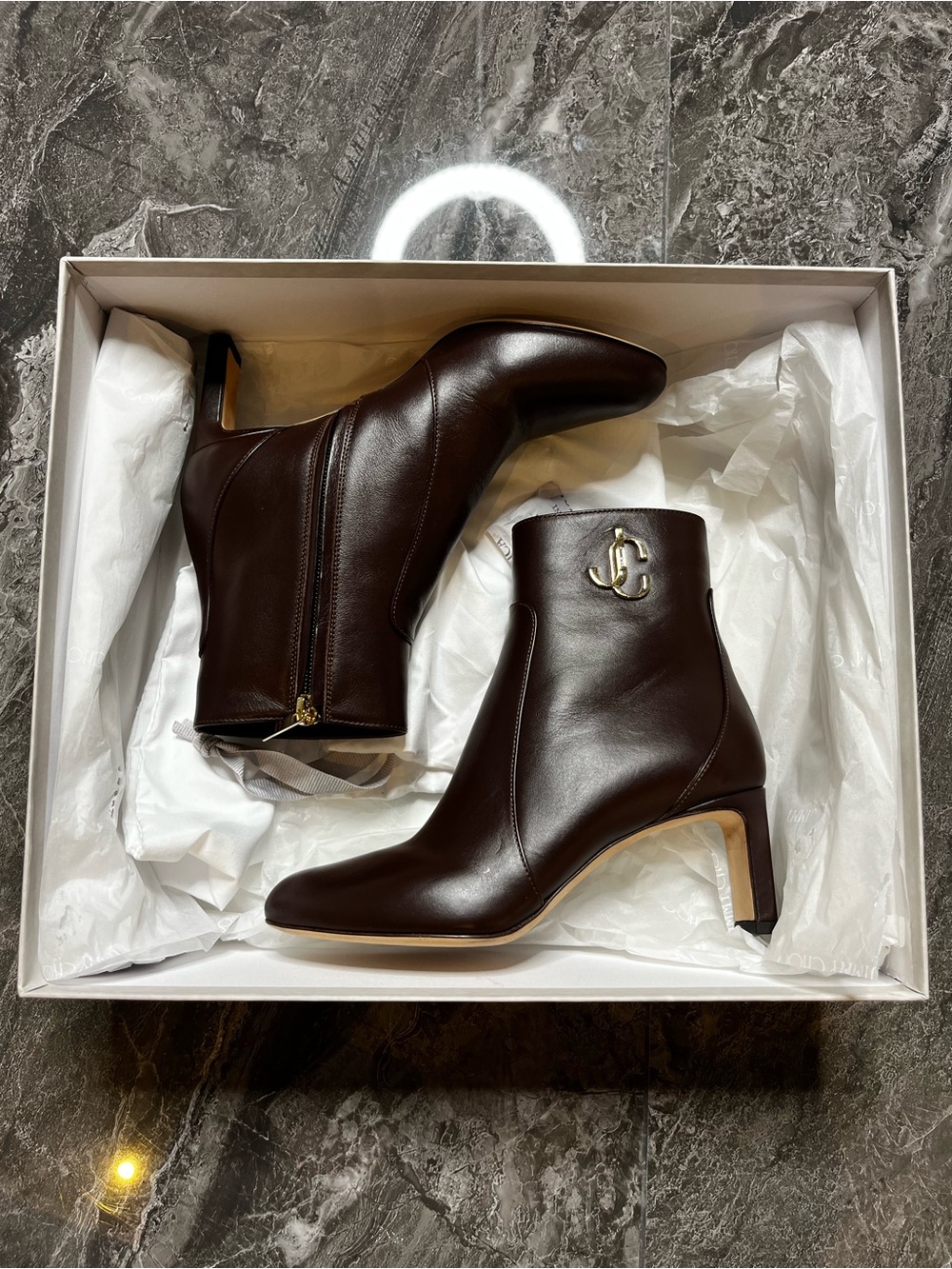 Jimmy Choo Oriel Burgundy Leather Ankle Boots 65mm Mid Heel Gold JC Logo 35.5